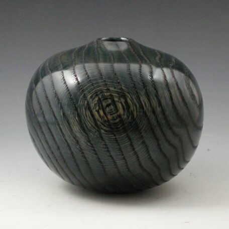 Slanted Vessel, #39x, 6” H x 7” Dia., sand textured, dyed Aqua Blue on black, high gloss Oil